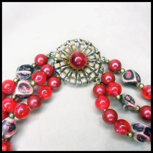 Red Vintage Multi Strand Necklace, Rhinestone Rondelles, Beaded Multistrand - Picture 4 of 14